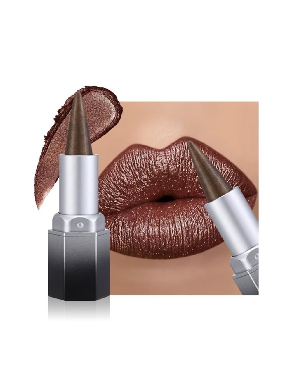 Women 1Pcs -07 Nude Brown Shimmery Metallic Cone-Tip Glitter Lipstick Lip Liner